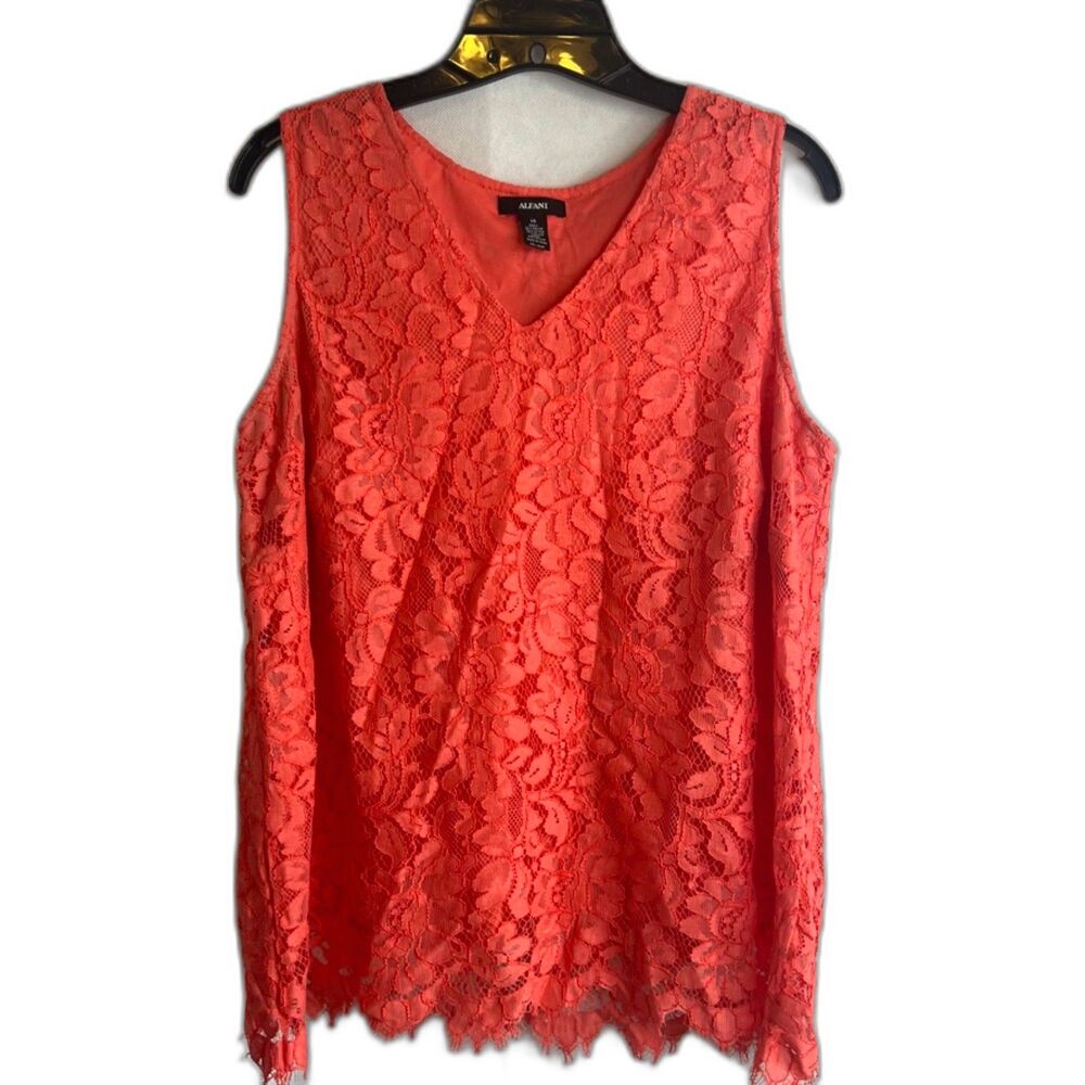 Alfani Coral‎ Lace Overlay Vneck Scallop Hem Tank Blouse Plus Size 14